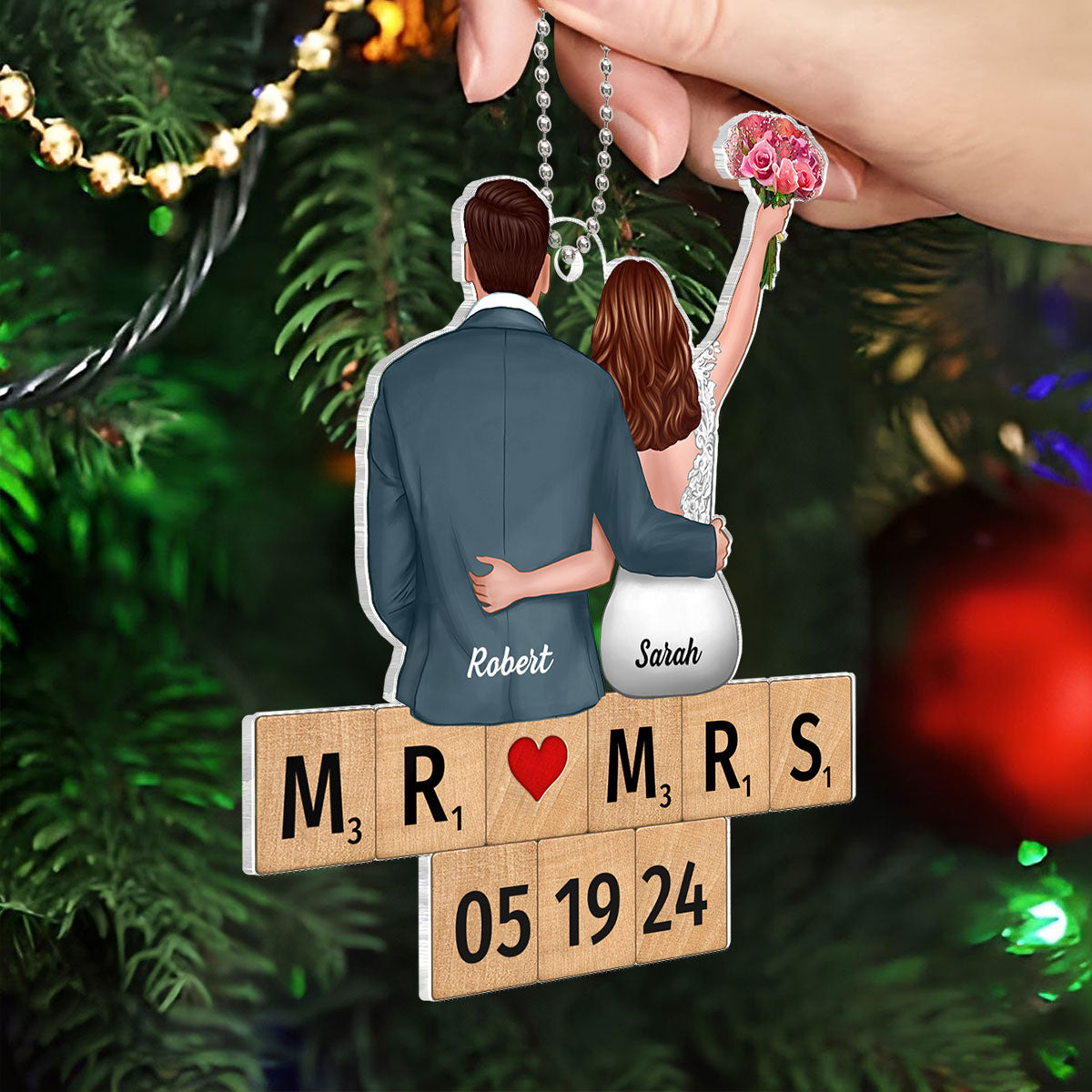 Wedding Couple Groom Bride Sitting On Puzzle Personalized Acrylic Ornament, Christmas Gift for Him for Her