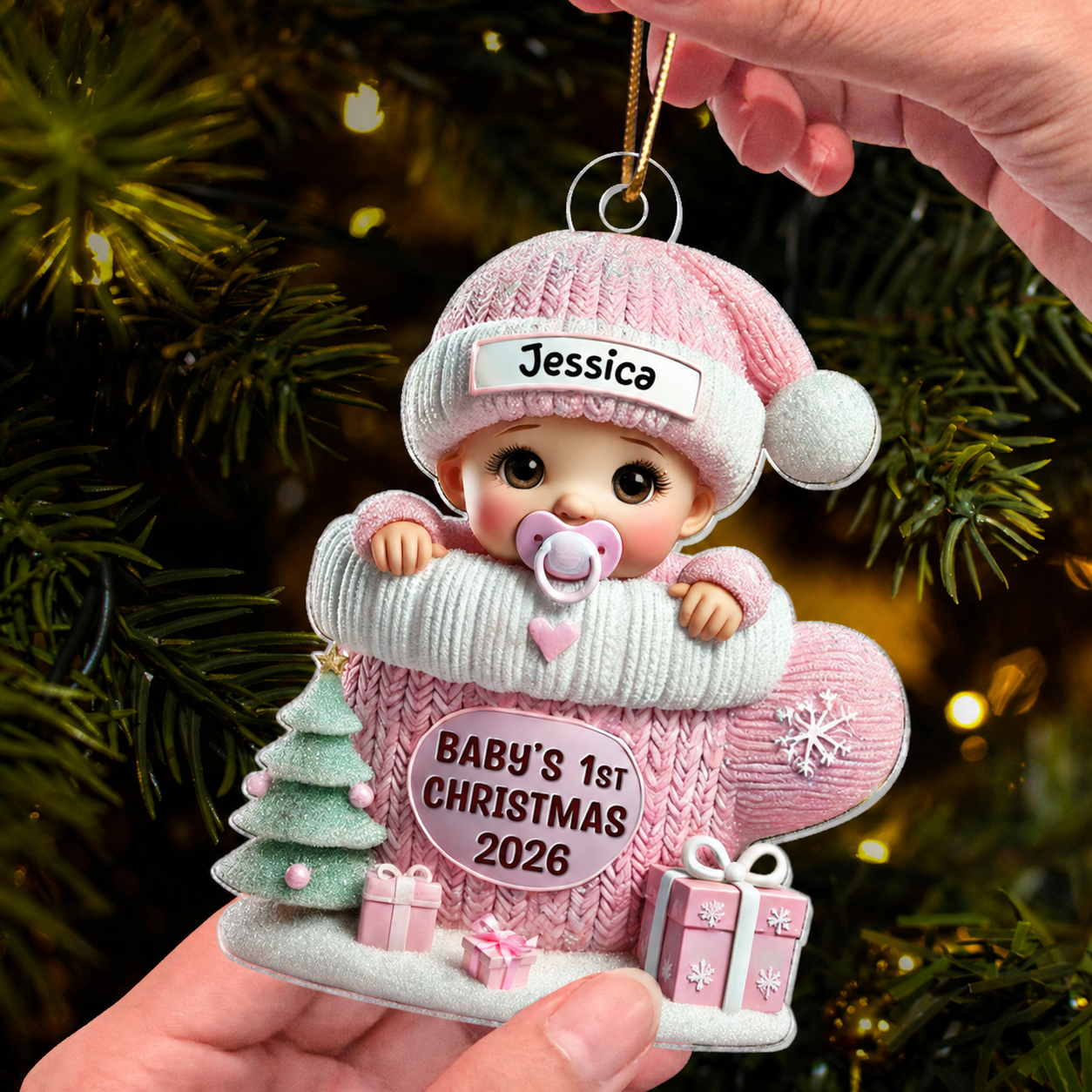 Baby In Mitten 3D Effect Baby's First Christmas - Personalized Acrylic Ornament