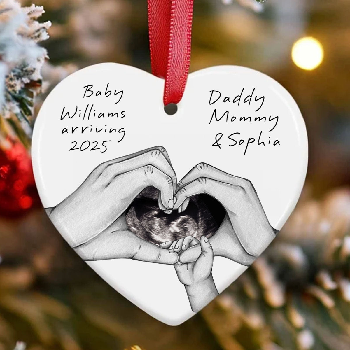 Pregnancy Baby Bump Christmas Tree Decoration, Last Christmas as a Family of 3, Baby Scan Photo Ceramic Ornament, Baby Arriving Next Year