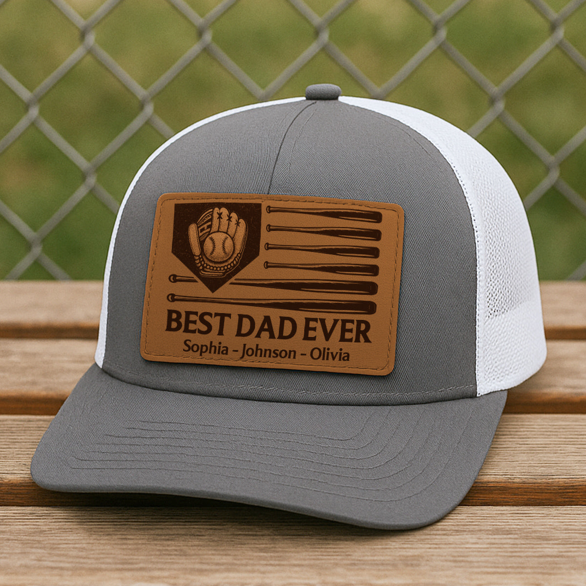 Dad's Home Run Best Dad Ever Baseball Themed Personalized Leather Patch Hat