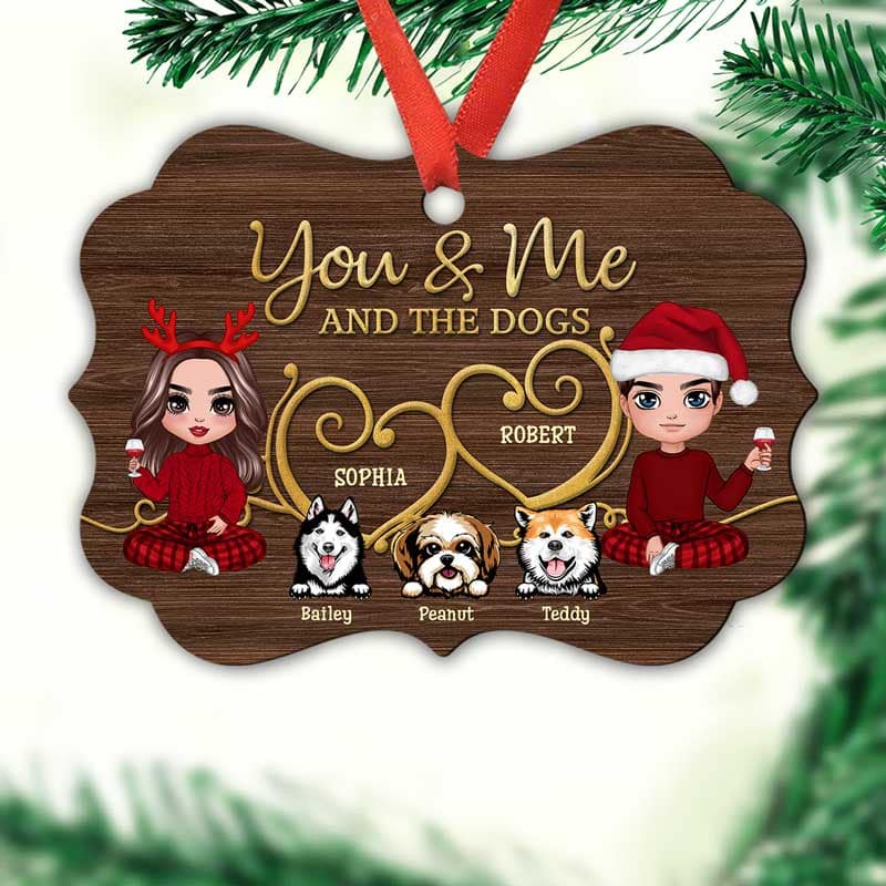 Couple And Dogs Wooden Heart Personalized Christmas Ornament