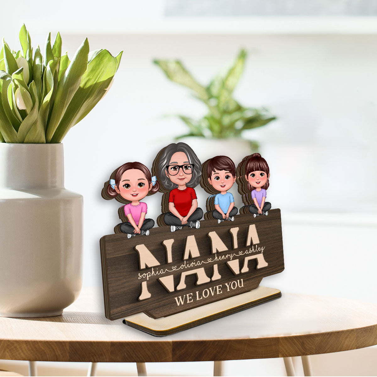 Mom Grandma We Love You Mother & Children Sitting On Word Personalized 2-Layer Standing Wooden Plaque