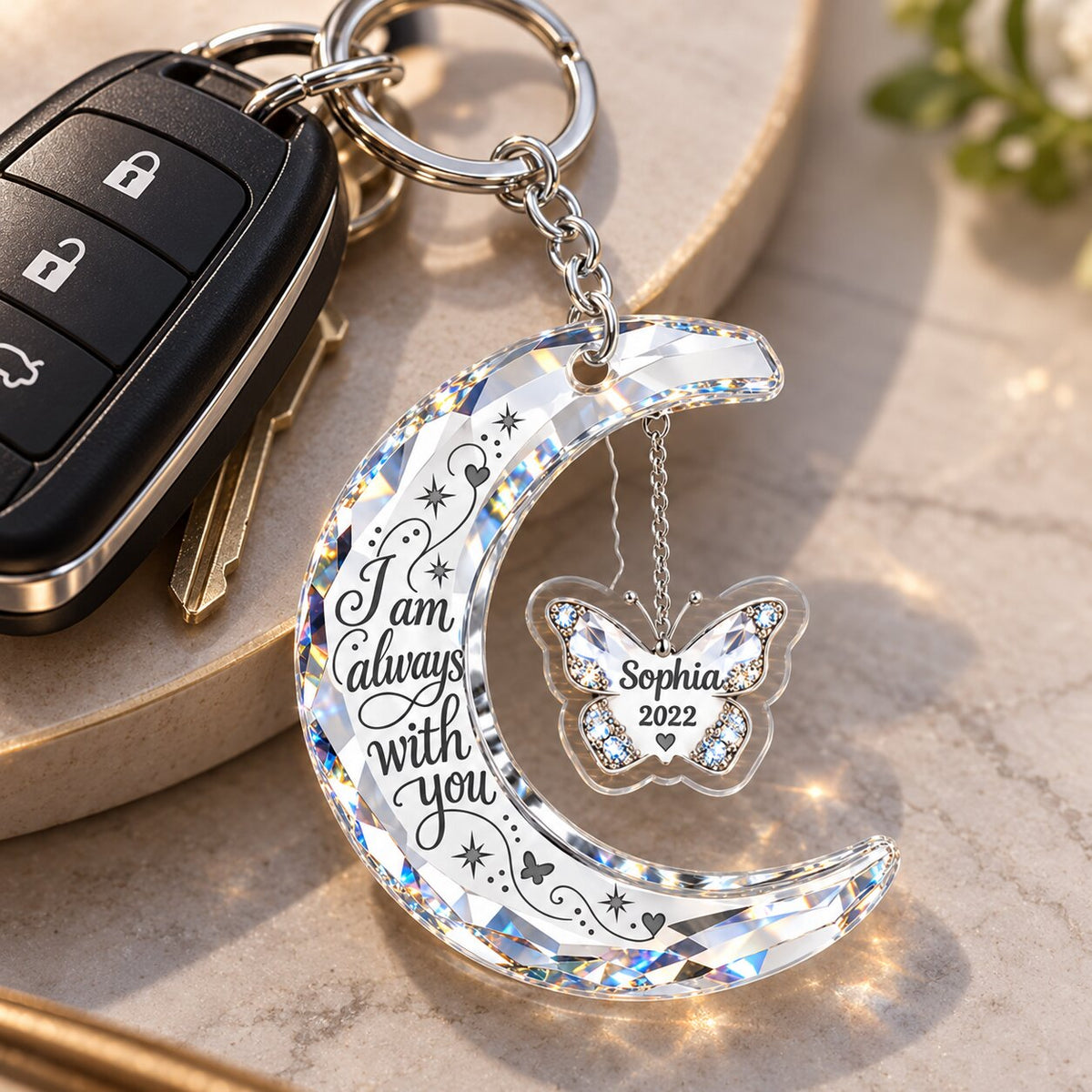 Always With You Memorial Crystal Moon & Butterfly Ornament 2D Flat - Personalized Acrylic Keychain - Sympathy Gift