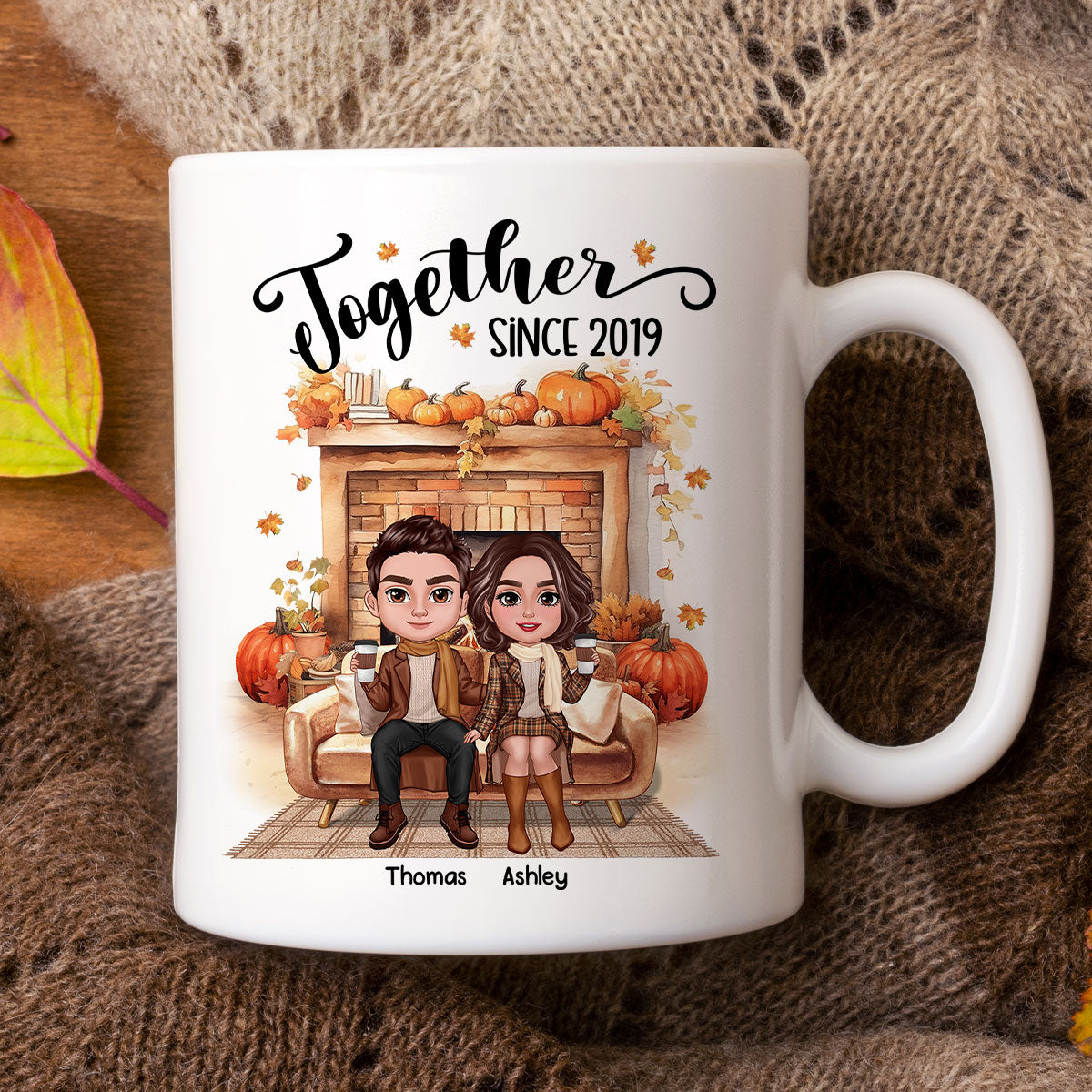 Fall Season Doll Couple Fireplace Personalized Mug