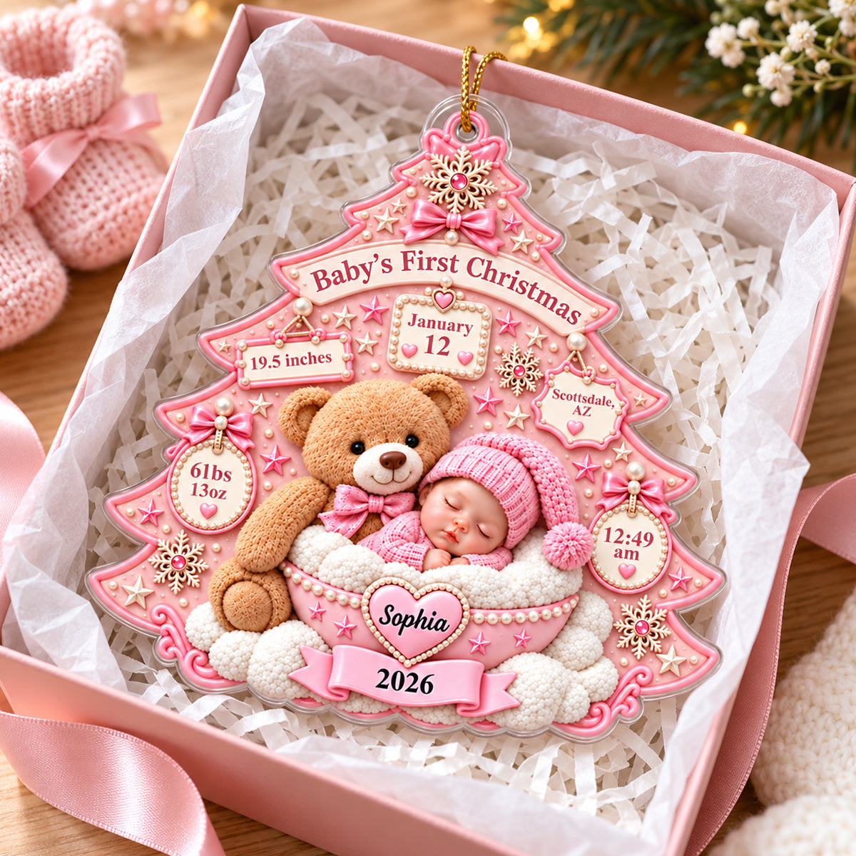 Baby's First Christmas Teddy Bear Tree - Personalized Acrylic Ornament – Custom Newborn Birth Stats Keepsake, First Christmas Gift for Baby Boy & Girl