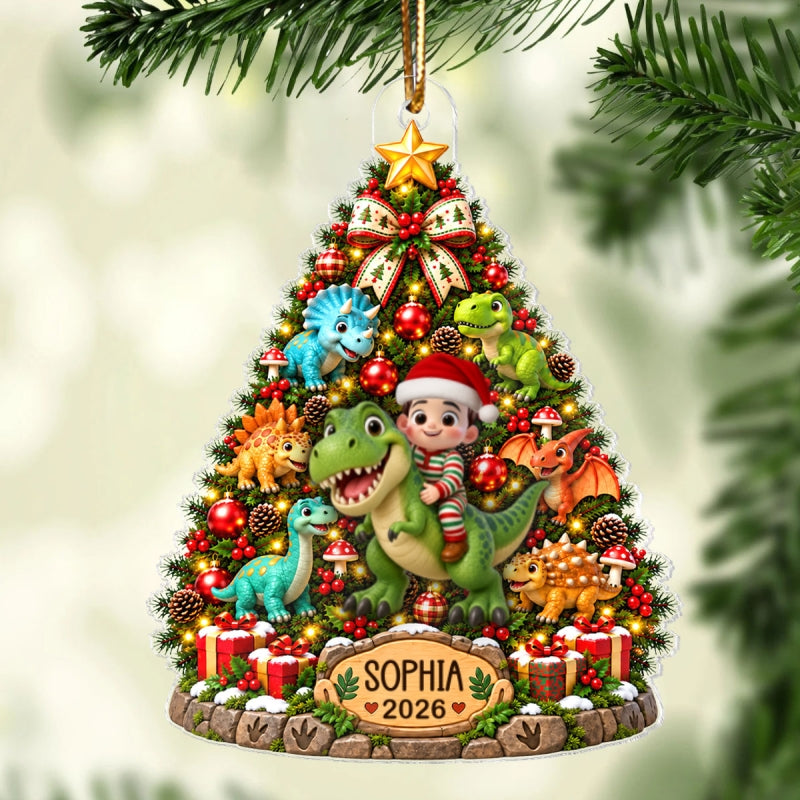 Cute Kid Riding Dinosaur Christmas Tree 2D Flat – Personalized Acrylic Ornament – Christmas Gift For Kids, Dinosaur Lovers