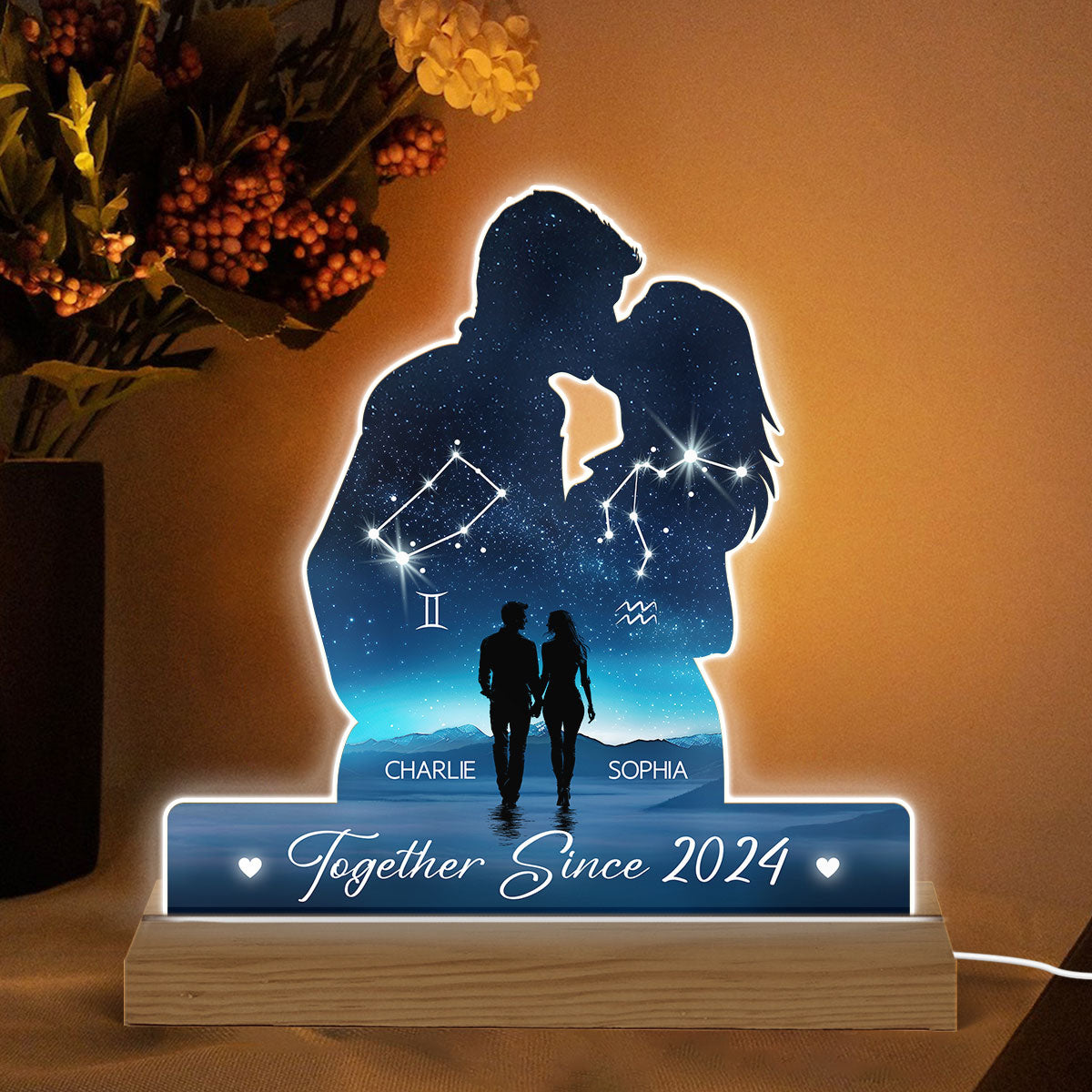 Our Love Was Written In The Stars Personalized Couple Kissing Shaped Acrylic LED Night Light, Anniversary  Gift For Her, For Him, Husband, Wife