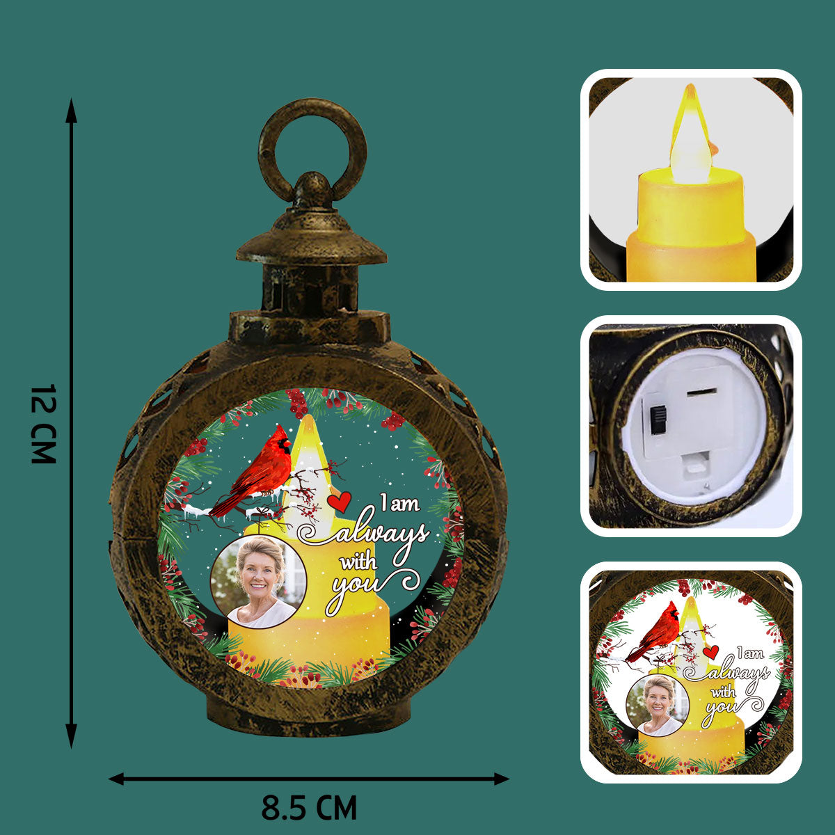 Always With You Holly Branch Cardinal Memorial Photo Upload Personalized Lantern Ornament, Remembrance Gift