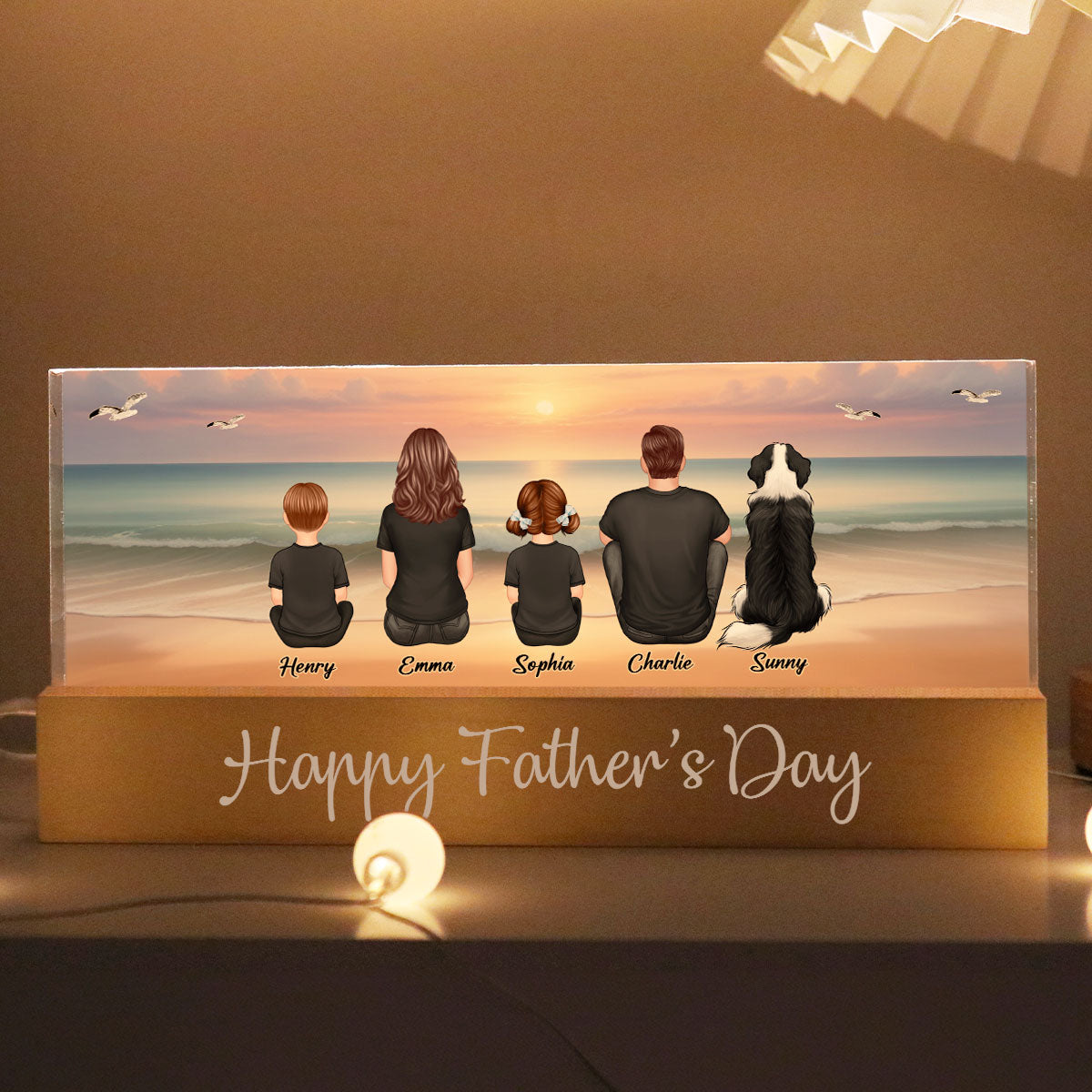 Eternal Family Love Beach Landscape - Personalized Acrylic Block Plaque LED Night Light - Gift For Dad, Gift For Husband, Gift For Grandpa