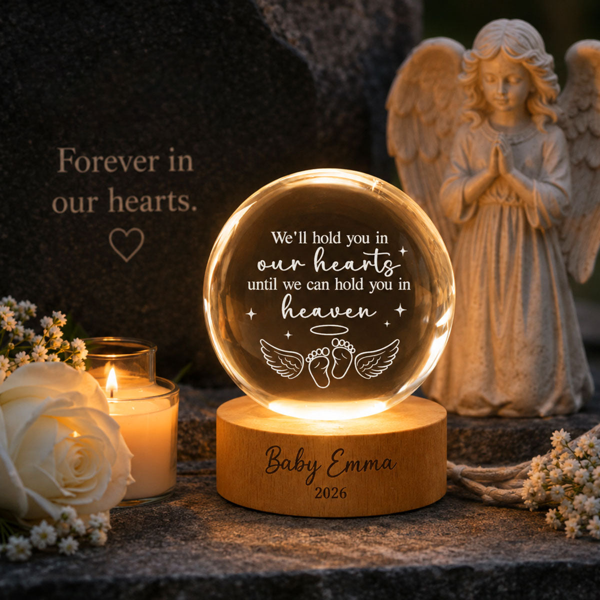 Baby Loss Memorial - Personalized Crystal Ball LED Night Light - Miscarriage Grieving Gift, Angel Baby Memorial Gifts