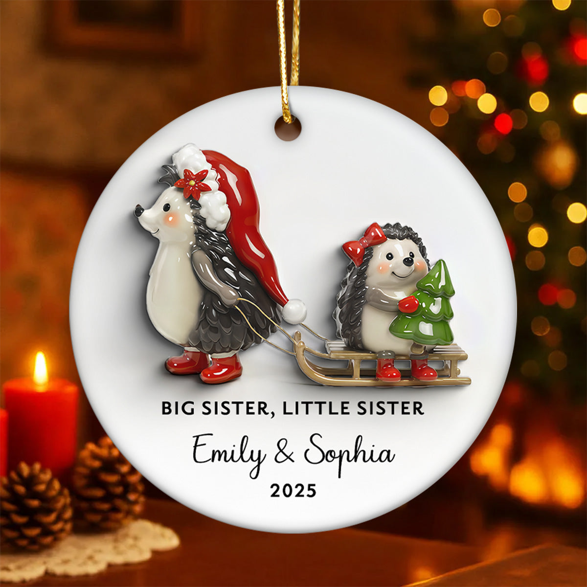 Big Sister Little Sister 3D Effect Cute Hedgehog - Personalized Ceramic Ornament - Proud New Big Sister Gift For Daughter, Granddaughter