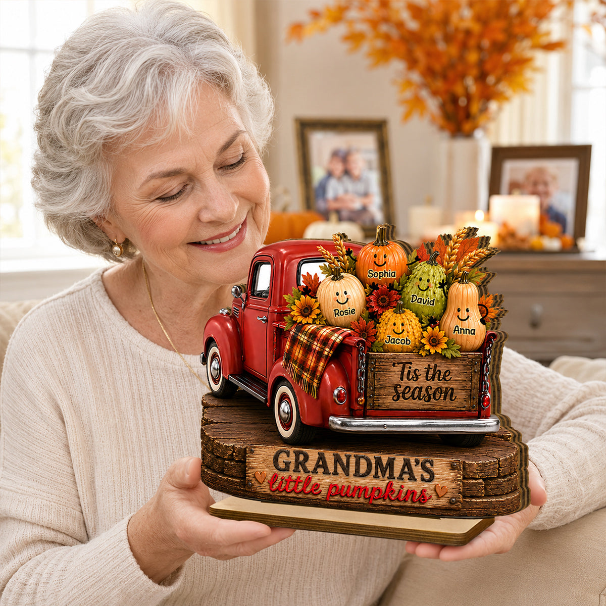 Grandma's Little Pumpkins Pickup Truck - Personalized 2-Layered Wooden Plaque - Cozy Fall Decor for Grandma
