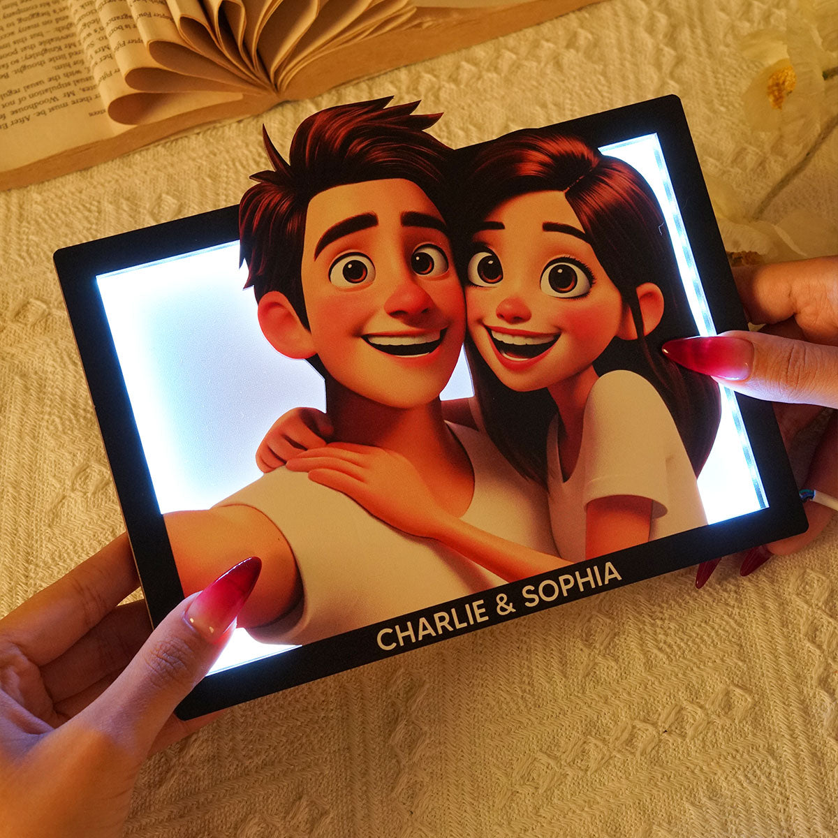Embracing Hugging Couple Selfie Personalized 2-Layered Wooden Plaque With LED