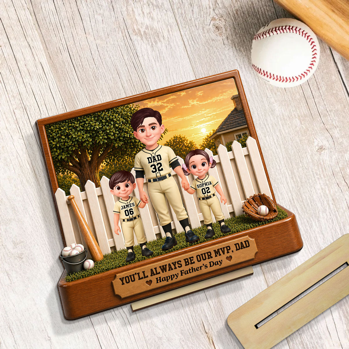 Baseball Dad And Kids Backyard We Caught The Best Dad - Personalized 2-Layered Wooden Plaque - Father's Day Gift For Dad