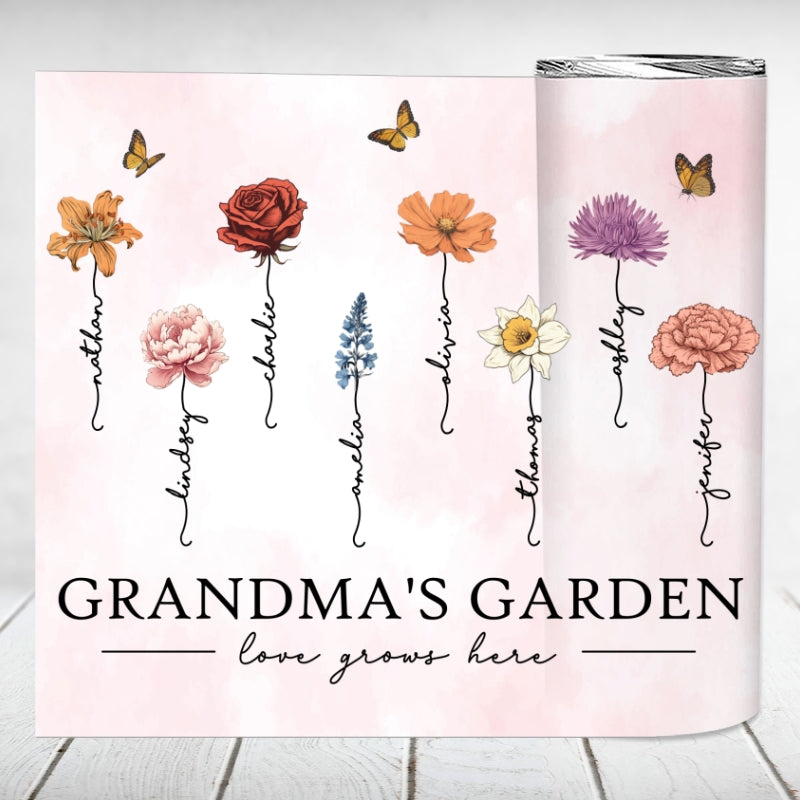 Grandma‘s Garden Love Grows Here Beautiful Birth Month Flower Gift For Grandma Mom Personalized Skinny Tumbler