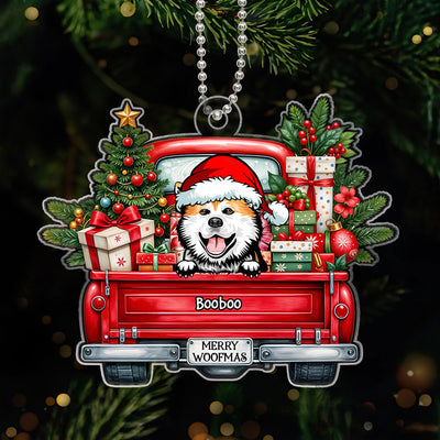 Merry Woofmas Dogs On Truck Personalized Acrylic Ornament, Christmas Gift For Dog Mom Dog Dad