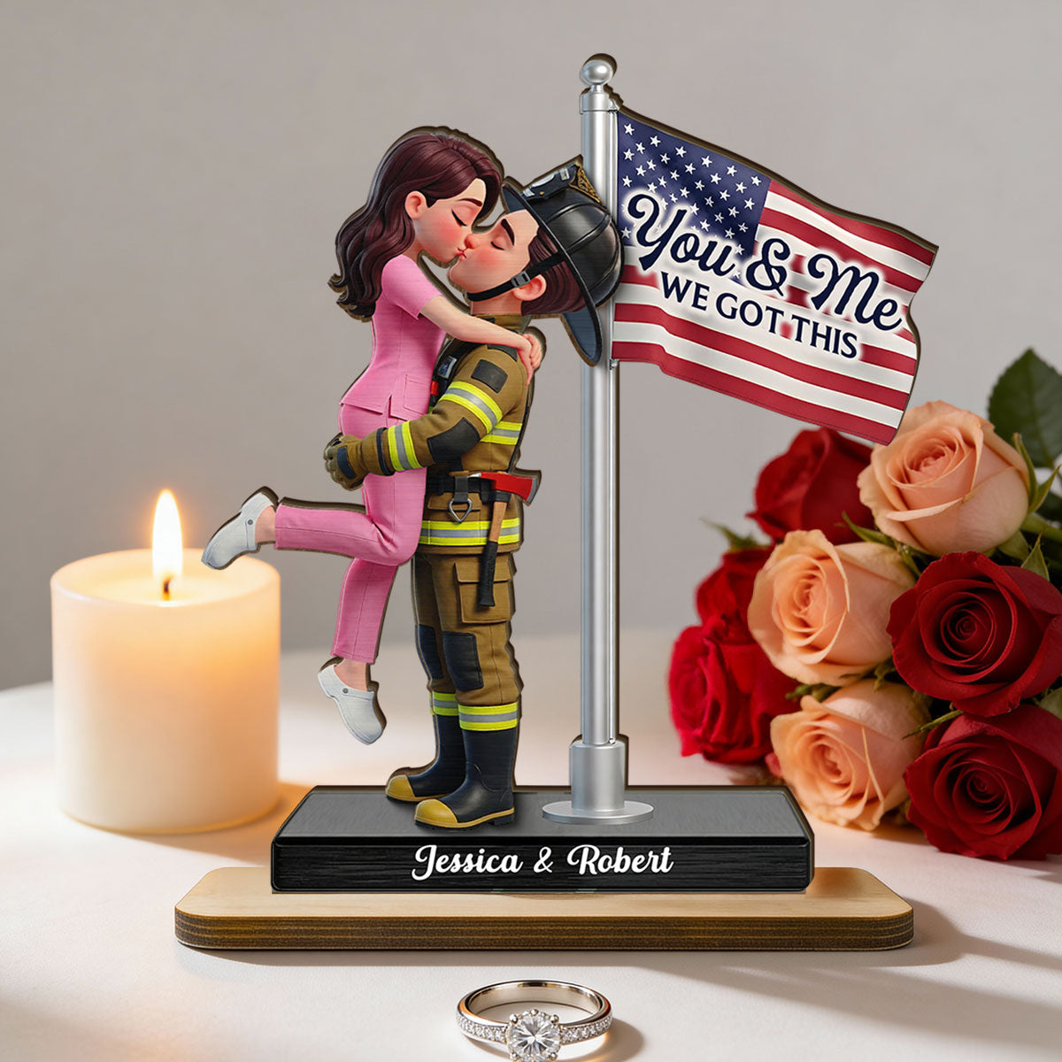 Proud Hero Couple Nation Flag - Personalized 2-Layered Wooden Plaque - Heartfelt Gift For Couple, For Him, For Her, Nurse, Police, Firefighter, Army