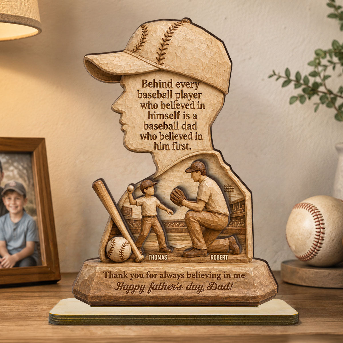 Behind Every Baseball Player is a Baseball Dad - Personalized 2-Layered Wooden Plaque - Father's Day Gift for Dad, Husband