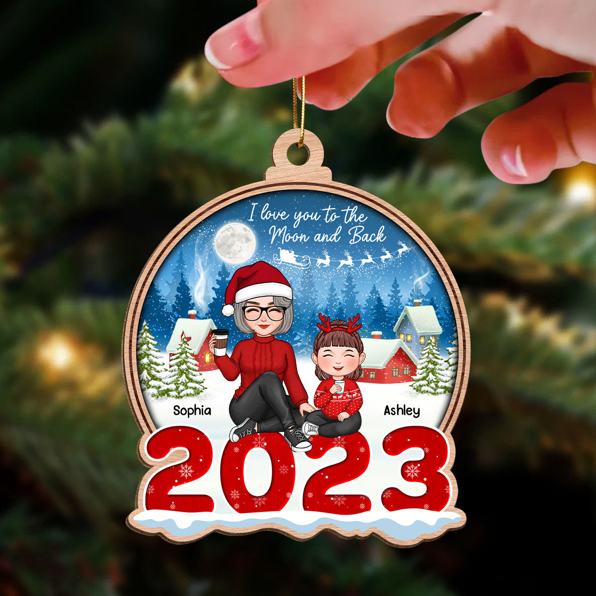 Cute Grandma Grandkids Sitting On Snow 2023 Christmas Sleigh Personalized Wooden Ornament