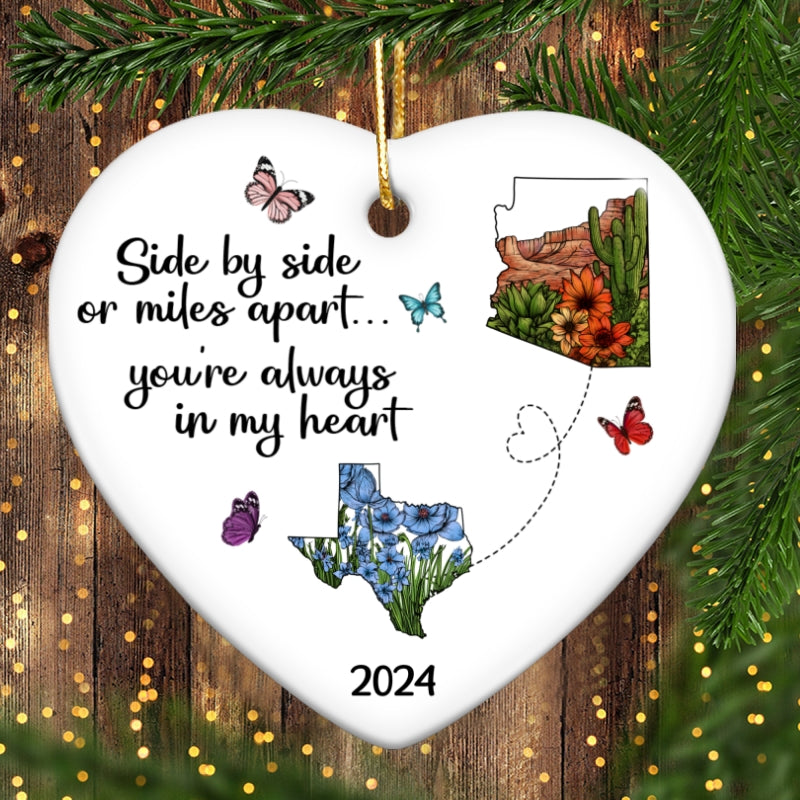 Miles Apart Long Distance Friendship Family Watercolor Wildflower State Map Personalized Ceramic Heart Ornament, Togetherness Keepsake