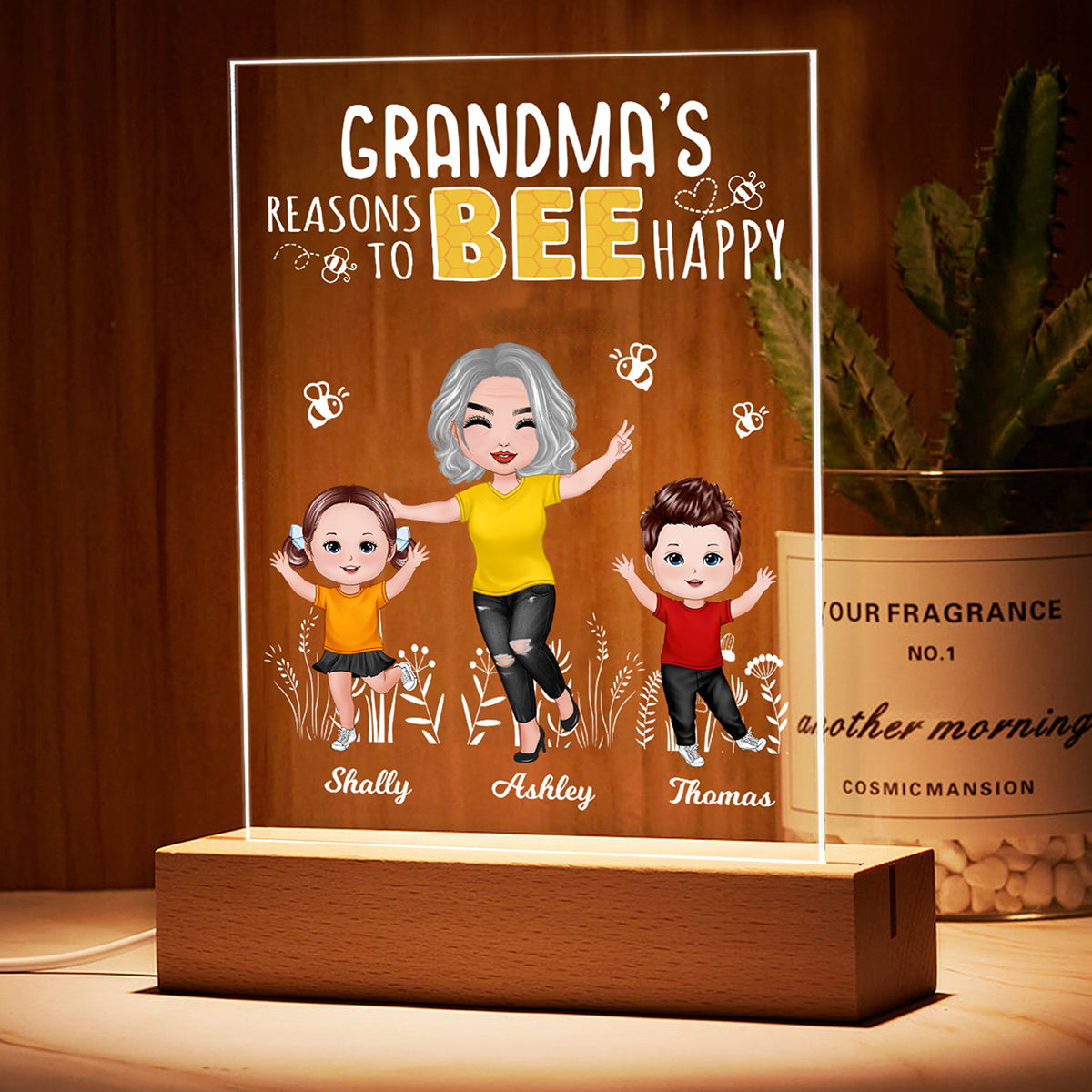Reasons Bee Happy Doll Grandma & Grandkids Personalized Rectangle Acrylic Plaque With LED Night Light - Gift For Grandma, Mom