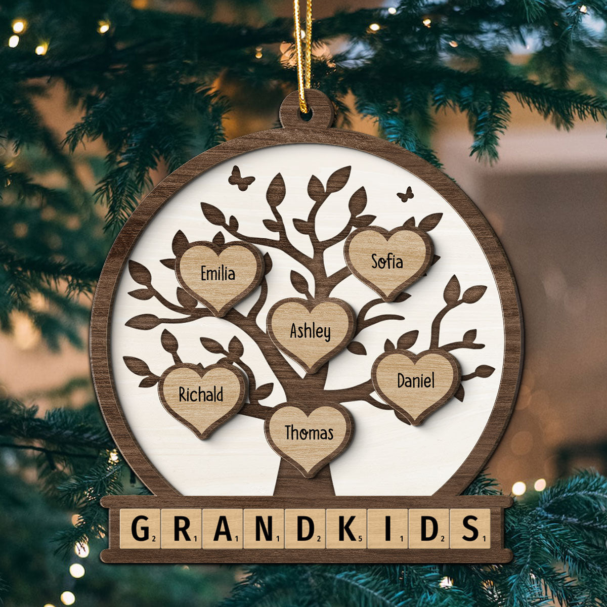 Grandkids Heart Tree Personalized 2-Layer Wooden Ornament