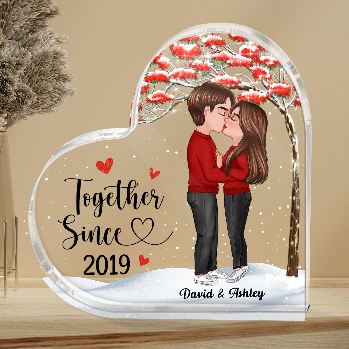 Doll Couple Kissing Under Red Tree Gift For Him For Her Personalized Heart Plaque