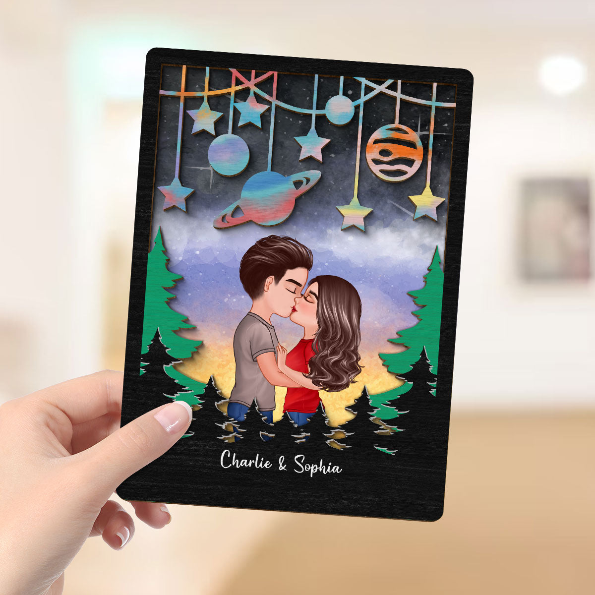 Couple Kissing Galaxy Theme  Gift For Him Gift For Her Personalized 2-layer Wooden Plaque