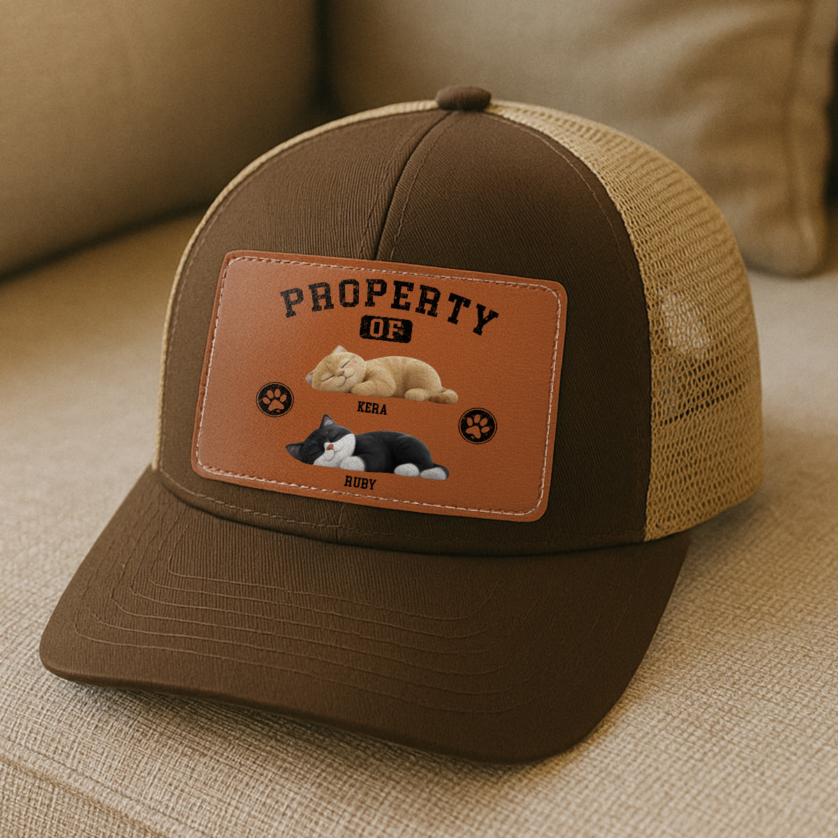 Property Of Cute Sleeping Cats Personalized Leather Patch Hat, Father's Day gift