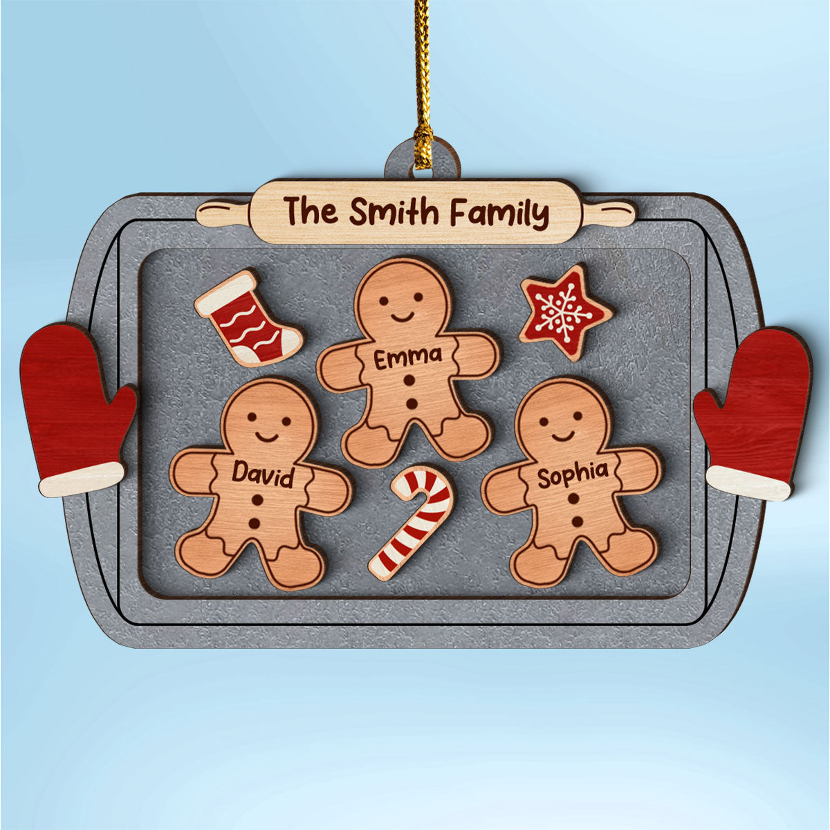 Gingerbread Family On Baking Tray Christmas Personalized 3-Layer Wooden Ornament