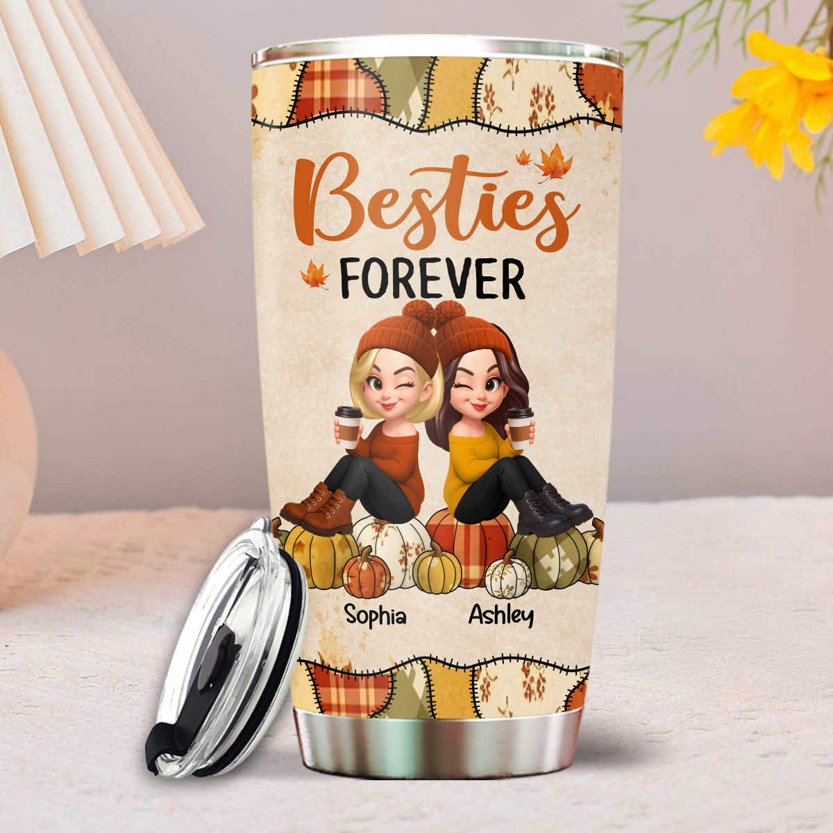 Besties Sisters Sitting On Pumpkin Preppy Floral Fall Season Personalized Tumbler