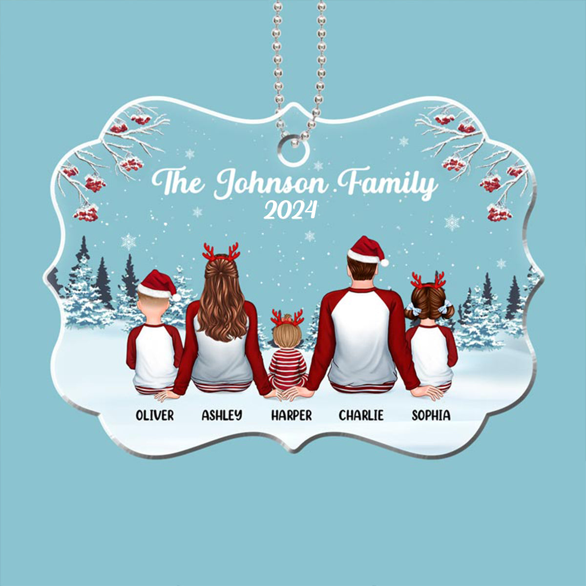 Family In Snow Pajamas Sitting Personalized Acrylic Ornament