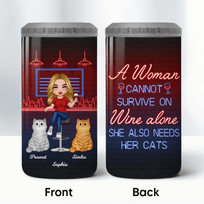 Cat Mom Cannot Survive On Wine Alone Neon Light Multi-Use Tumbler - Personalized 4 In 1 Can Cooler - Gift For Cat Mom & Wine Lover