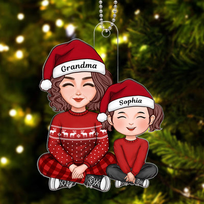 Cute Grandma And Granddaughter Grandson Crossed Legs Christmas Gift Personalized Acrylic Ornament