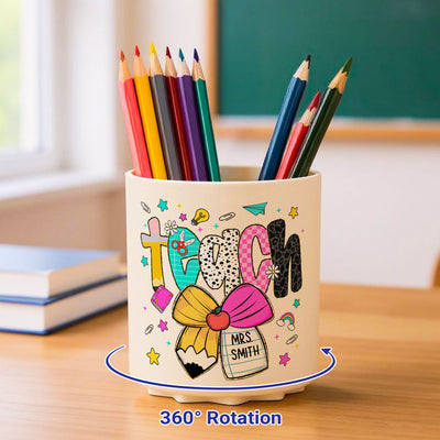 Preppy Teacher Pencil Coquette Bow Doodle Personalized Rotating Pen Holder, Custom Teacher Name, Back to School Gift