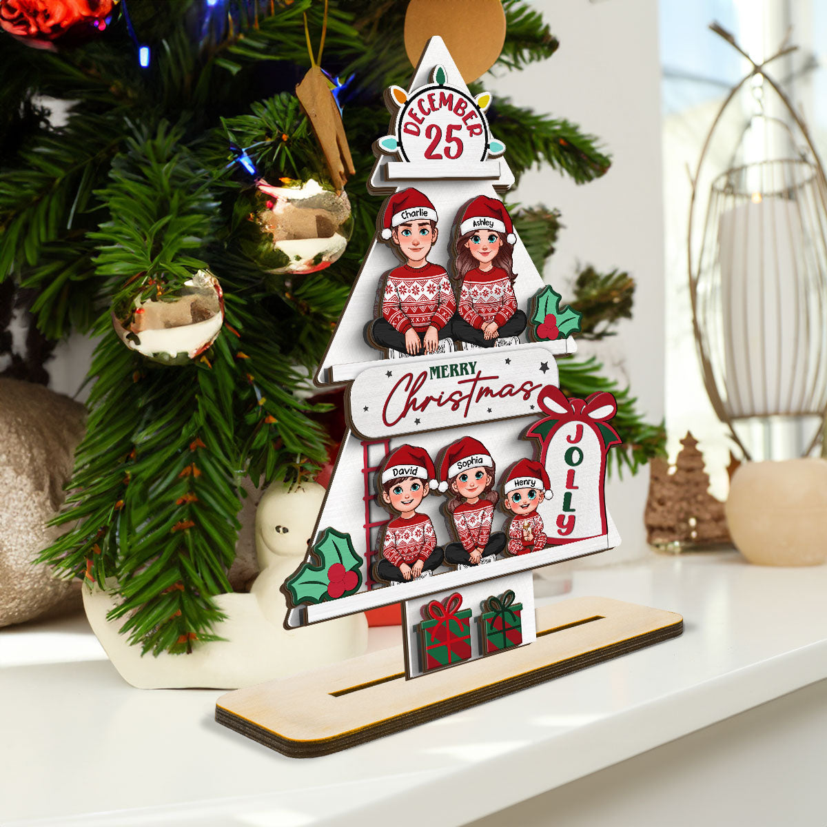 Pine Tree Christmas Family Sitting Personalized 2-Layer Standing Wooden Plaque