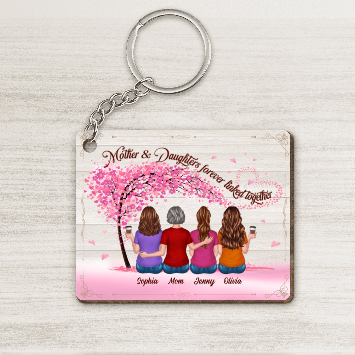Back View Mother And Daughters Under Pink Tree Personalized Wooden Keychain