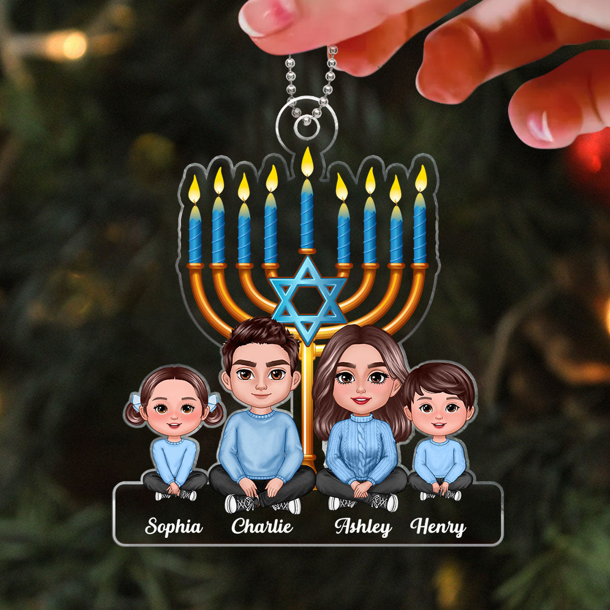Family Crossed Legs Sitting Under Lights of Menorah Hanukkah 2023 Personalized Acrylic Ornament