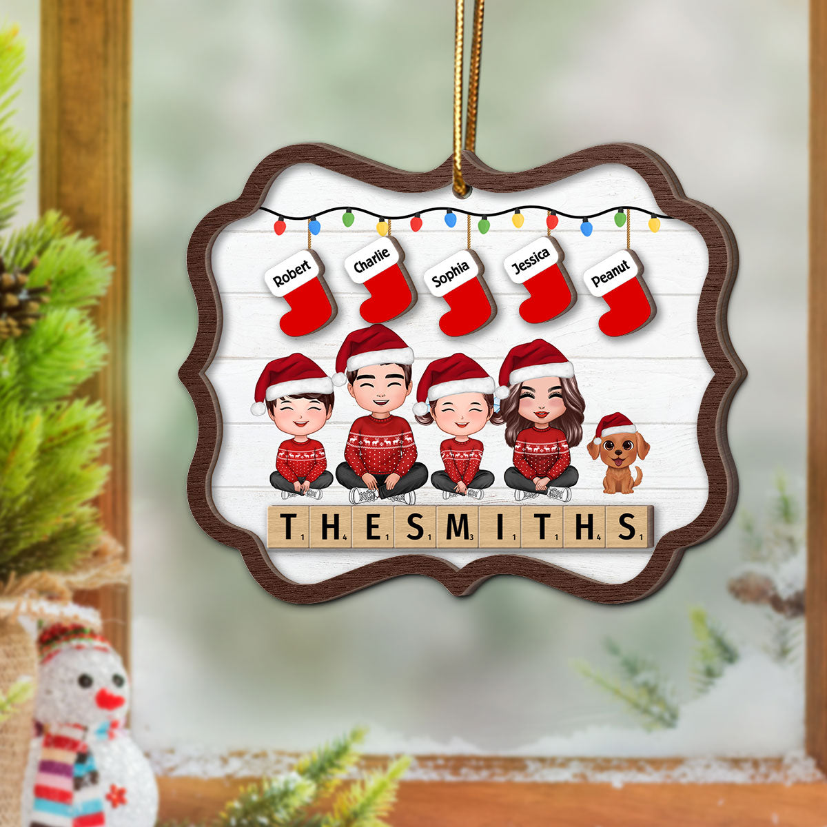 Family Sitting Christmas Stocking Wooden Blocks Personalized 2-Layer Wooden Ornament