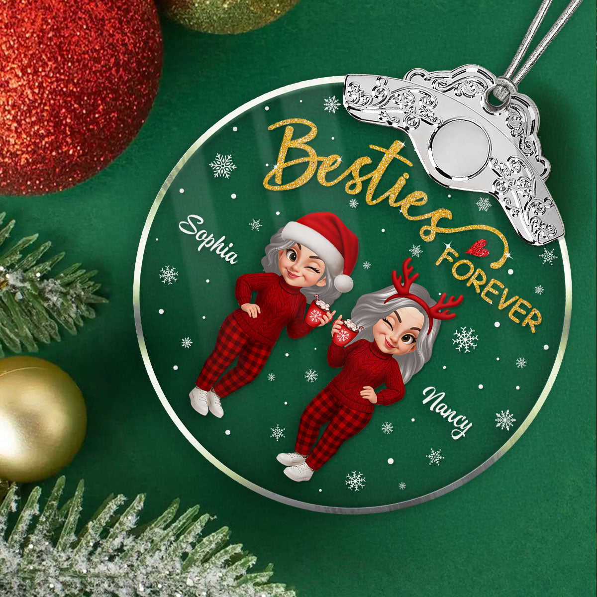 Christmas Pretty Besties Forever Together - Personalized Glass Ornament With Silver Cap