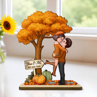 Fall Season Couple Hugging Kissing Under Tree Personalized Standing Wooden Plaque