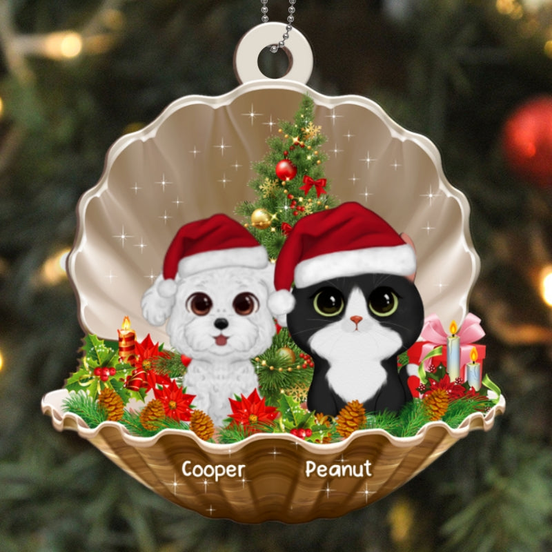 Watercolor Cute Dogs And Cats In Pearl Shell Christmas Personalized Wooden Ornament