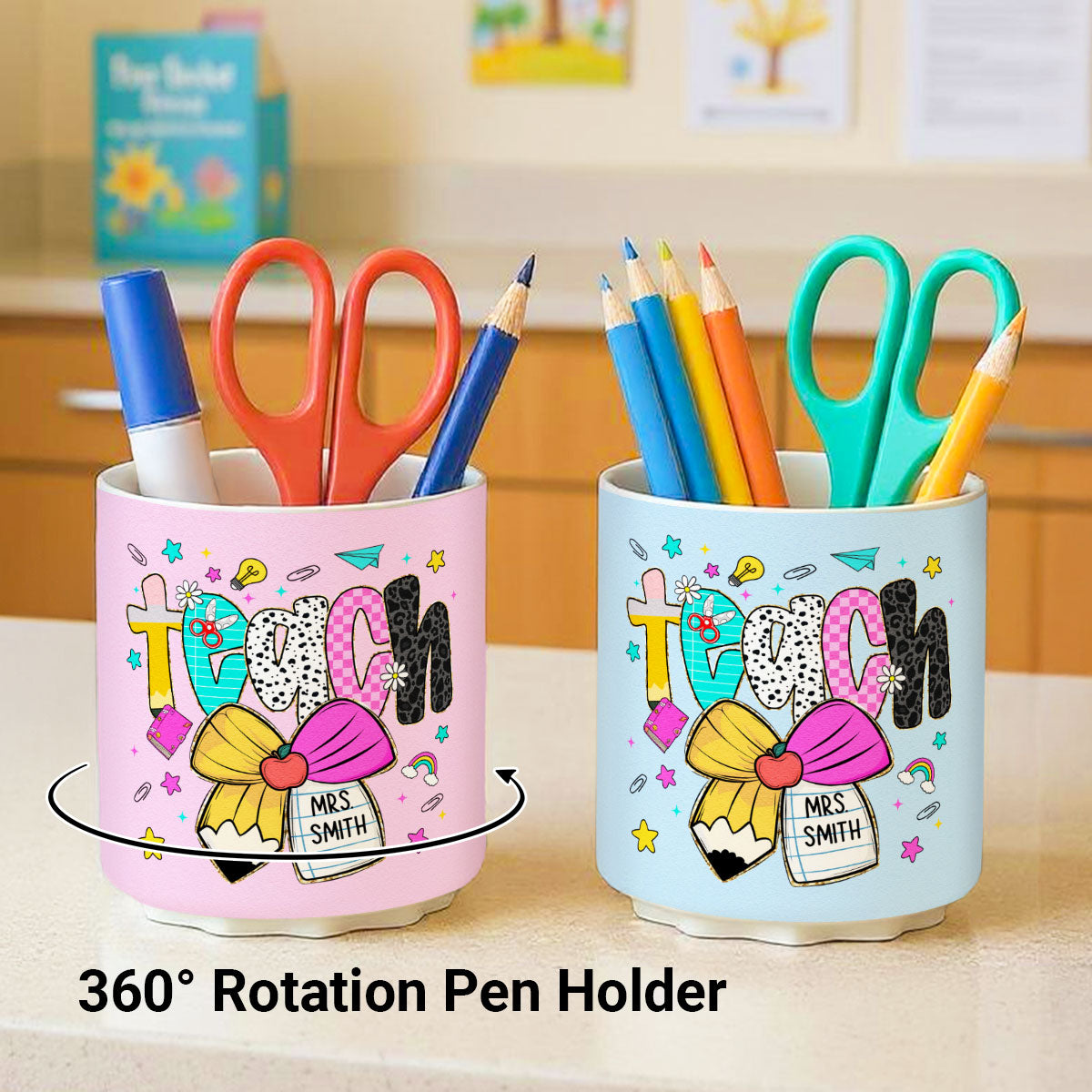 Preppy Teacher Pencil Coquette Bow Doodle Personalized Rotating Pen Holder, Custom Teacher Name, Back to School Gift