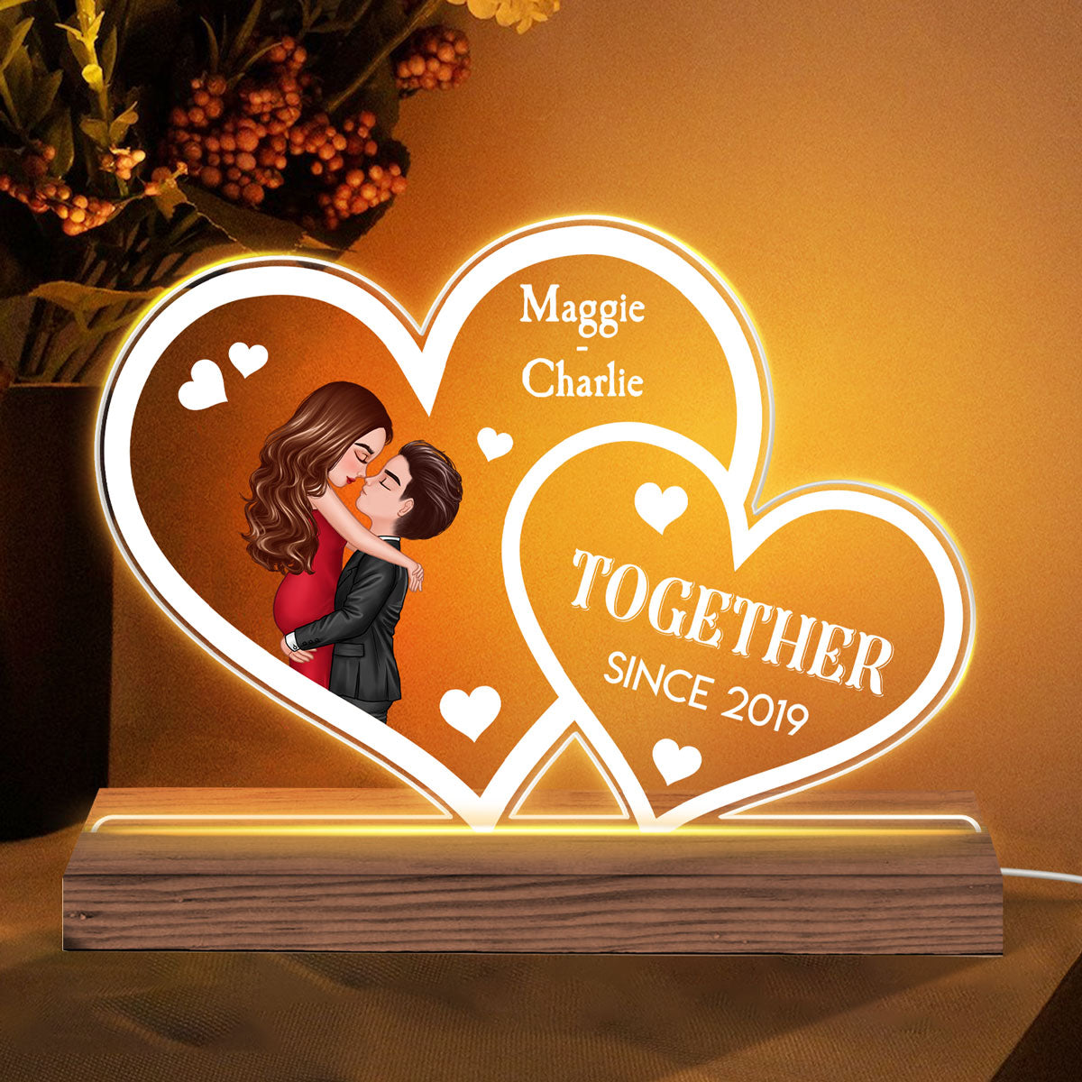 Couple Hearts Hugging Kissing Personalized Custom Shape LED