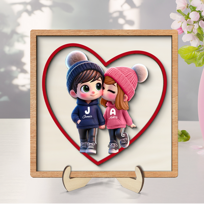 3D Effect Personalized Initials Heart Sign Personalized 2-Layered Wooden Plaque, Cute Cartoon Couple Walking, Tiered Tray Valentines Signs or Shelf Signs