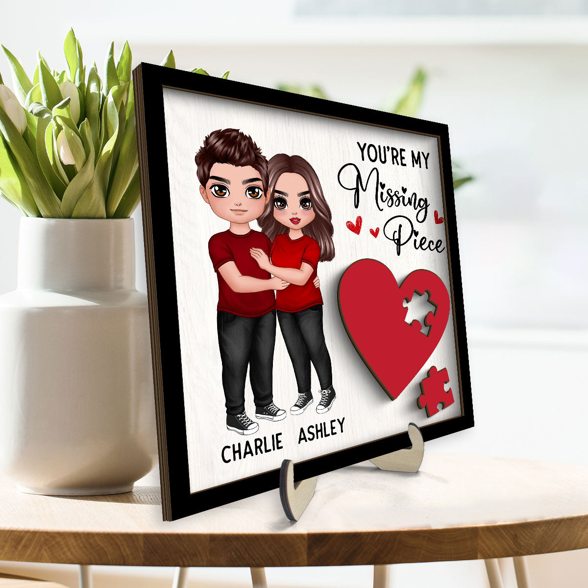 Standing Hugging Couple Missing Piece Red Heart Valentine‘s Day Gift For Her Gift For Him Personalized 2-Layer Wooden Plaque