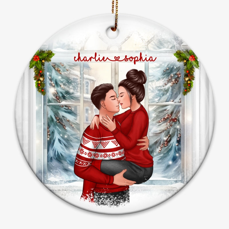 Christmas Couple Holding Kissing Window Personalized Circle Ornament