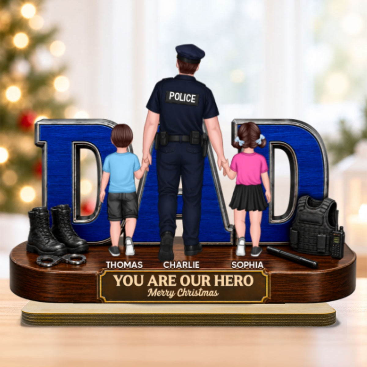 Proud Police Dad - Personalized 2-Layered Wooden Plaque - Christmas Gift For Police, Dad, Husband, Father