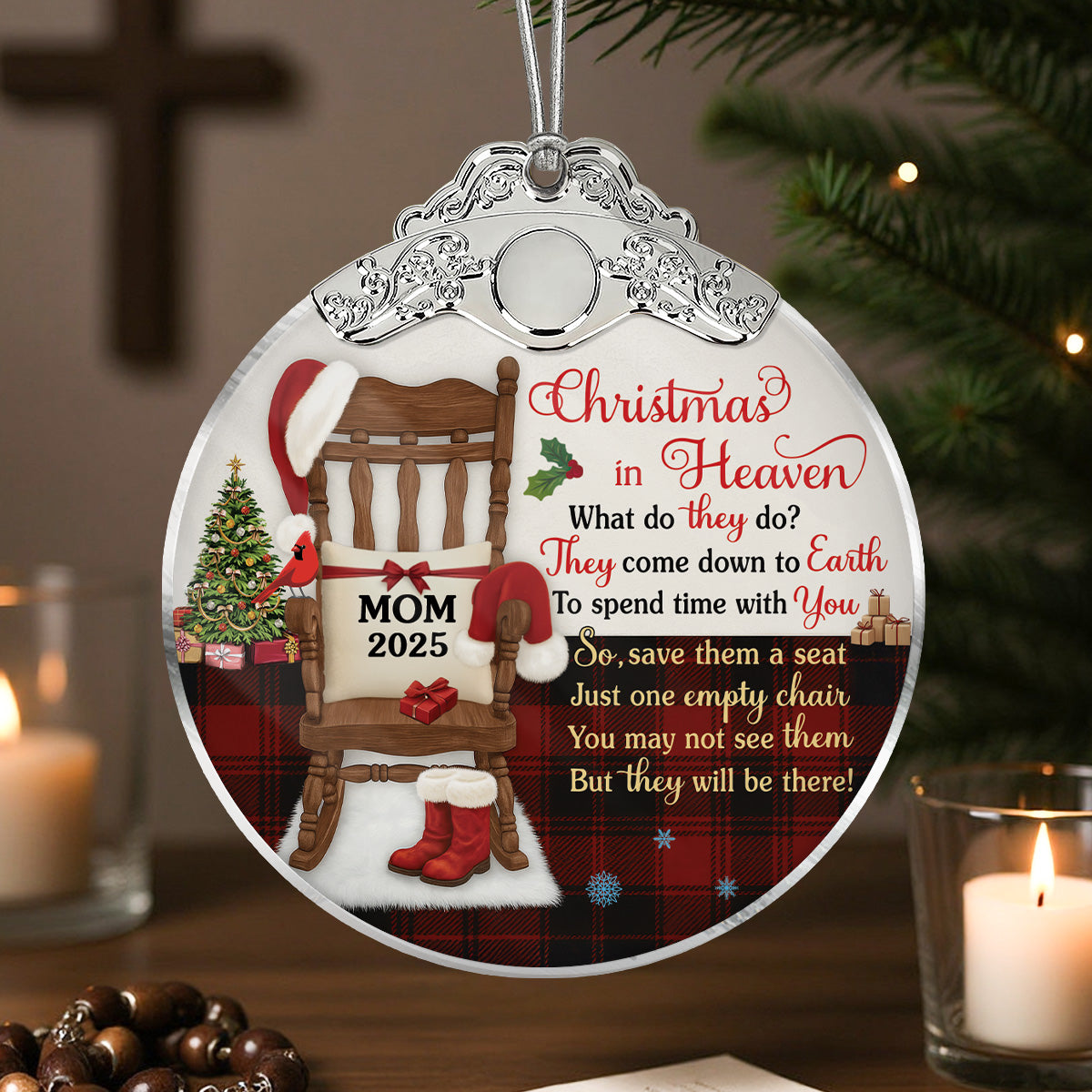 Christmas In Heaven Checkered Theme - Personalized Glass Ornament With Silver Cap - Christmas Memorial Keepsake For Family