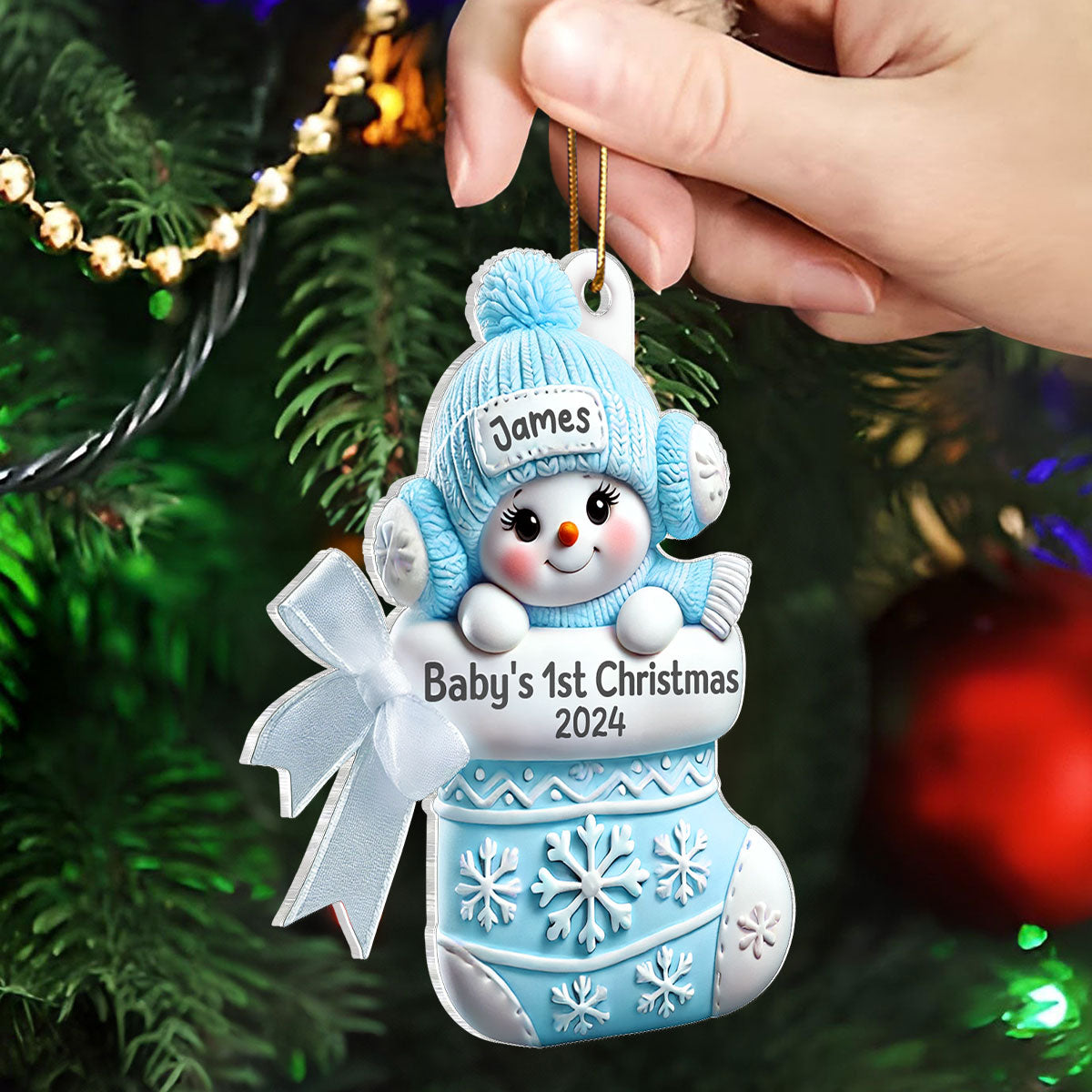 3D Effect Snowbaby On Stocking Baby's 1st Christmas Keepsake Personalized Acrylic Flat Ornament